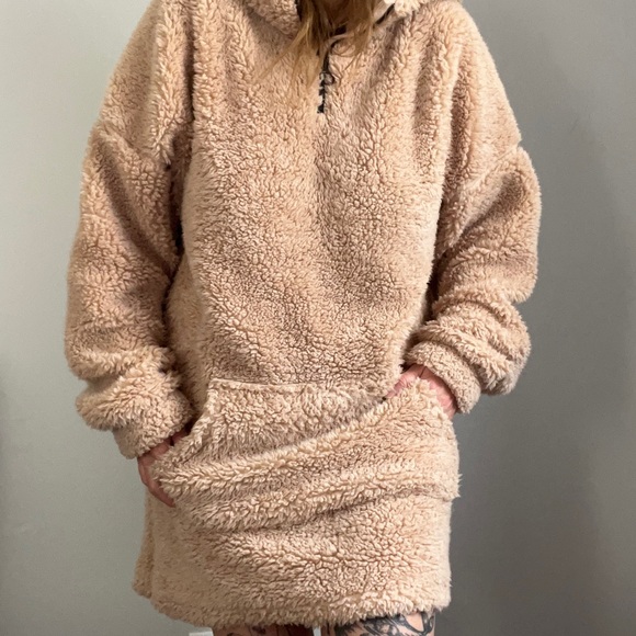 ASOS Oversized Tan Plush Teddy Hoodie Dress - Picture 1 of 7